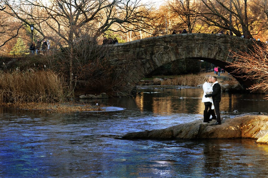 Engagement pictures on the bridge in Central park